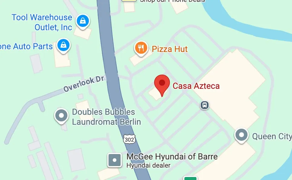 Map showing Casa Azteca restaurant location in Barre, Vermont